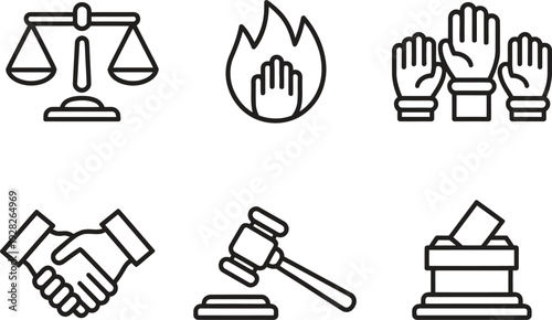 Law, Justice and Government Rights Icon Set. Legal, Court, and Democracy Vector Illustration