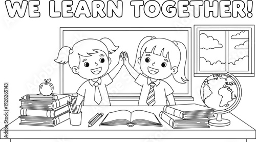 Two happy schoolchildren high-fiving in classroom with books and globe