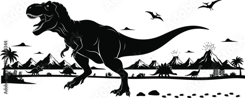 Tyrannosaurus Rex dinosaur in prehistoric landscape with volcanoes