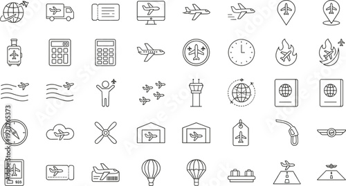 Aviation and Air Travel Icon Set Featuring Airplanes Tickets Passports Control Towers Hangers Luggage Hot Air Balloons and Flight Navigation Symbols