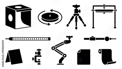 Collection of black silhouette icons representing photography studio equipment for product shooting, including a light box, tripod, turntable, and various lighting accessories