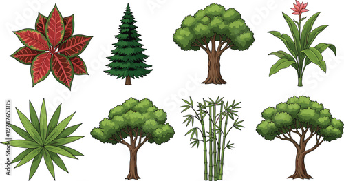 Cartoon woodland landscape elements featuring green trees, wooden logs, rocks in water and grass bushes isolated on white background