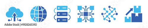 Set of blue technology icons representing cloud computing, global network, server, processor, connection and logistics in a flat minimalist style for business concepts