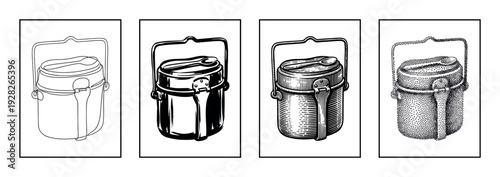 Four camping mess kit illustrations in different artistic styles including continuous line, bold ink, hatching, and stippling for a vintage, hand-drawn graphic design element