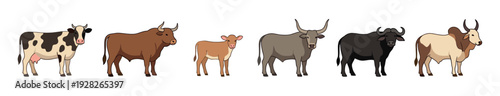Collection of various illustrated cattle breeds including a cow, bull, calf, water buffalo, and zebu standing together in a simple cartoon vector art style