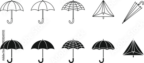 Umbrella silhouettes set with open and closed rain protection gear icons in various styles isolated on white background vector