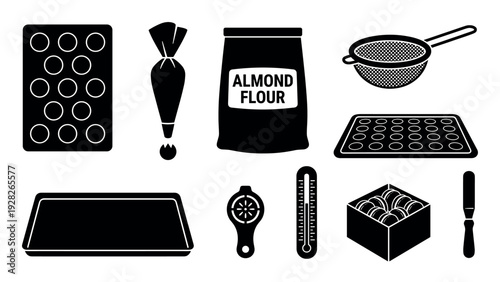 Black and white icon set of macaron baking tools and ingredients, including almond flour, a piping bag, silicone mat, sifter, and thermometer for patisserie recipes