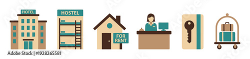 Set of hospitality and accommodation vector icons showing a hotel, hostel, rental house, receptionist, room key, and luggage cart in a flat minimalist style