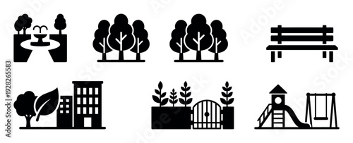 Collection of seven black glyph icons representing urban park and recreation elements like a fountain, trees, bench, playground with a slide, gate, and green city building