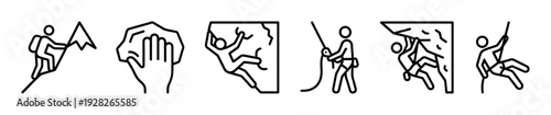 Set of black line icons for rock climbing and mountaineering depicting various activities like bouldering, belaying, and rappelling in a minimalist graphic style