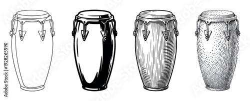 Four conga drum musical instrument illustrations in different artistic styles including line art, solid black, engraving, and stippling for a vintage, hand-drawn look
