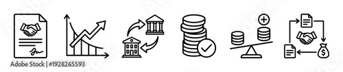 Set of black line business icons representing financial concepts like signed contracts, stock market growth, interbank transfers, successful payments, and balanced investments