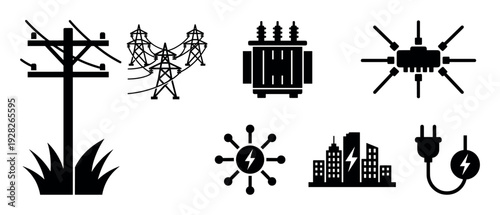 Collection of black power and electricity glyphs showing various elements of the energy grid, including a pylon, transformer, utility pole, plug, and city buildings