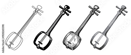 Collection of four Japanese shamisen illustrations presented in a row, showcasing a progression of artistic styles from outline to silhouette, engraving, and stippling