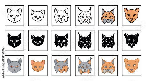 Large set of cat head icons showing different feline species like domestic cats, lynx, and pumas in various styles including outline, silhouette, and color for graphic design