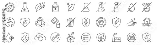 Eco Toxic Home Care line icon set. Biodegradable formula, plant based bottle, cruelty free rabbit, recyclable, refill pouch outline vector illustrations. Signs for sustainable cleaning products.