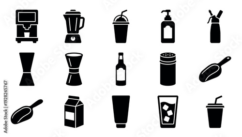 Collection of black silhouette icons representing coffee shop and bar equipment for making beverages like coffee, cocktails, and smoothies in a simple glyph style