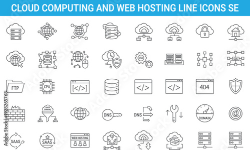 Cloud computing and web hosting line icons set, server, database, security, DNS, coding, SaaS, networking technology collection