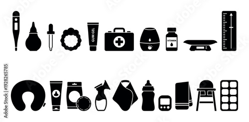 Black glyph icon set of newborn essentials and medical supplies for infant care, featuring a thermometer, feeding bottle, high chair, breast pump, and baby monitor illustrations
