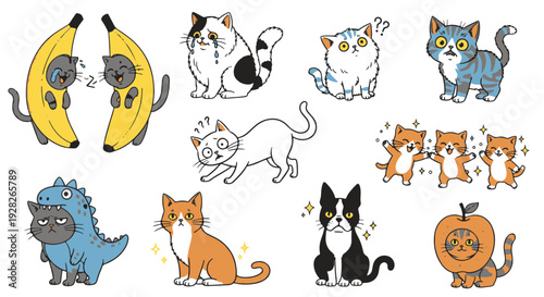 Whimsical Collection of Funny Cartoon Cats in Various Costumes and Emotions Isolated on Black