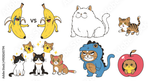 Funny Cartoon Cats in Various Costumes and Expressions with Crying and Happy Bananas Contrasted Against a Black Background