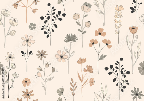 Modern floral pattern with abstract flowers and leaves in soft retro color palette