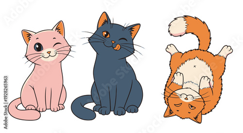 Three Playful Cartoon Cats One Pink One Dark Blue and One Orange Tabby with Distinct Personalities and Expressions Set Against a Black Void
