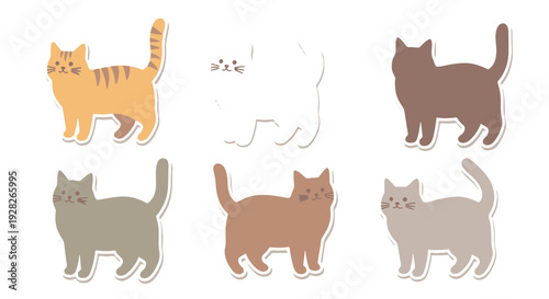 Six Whimsical Cartoon Cats in Different Colors Arranged in Two Rows Playful Domestic Pets with Simple Outline and Flat Design Cute and Charming Animal Characters for Childrens Designs