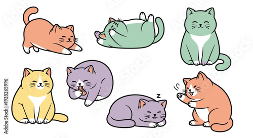 Collection of Cute Cartoon style Cats in Various Playful and Sleepy Poses Flat Design with Clean Outlines and Solid Colors Against a Black Background
