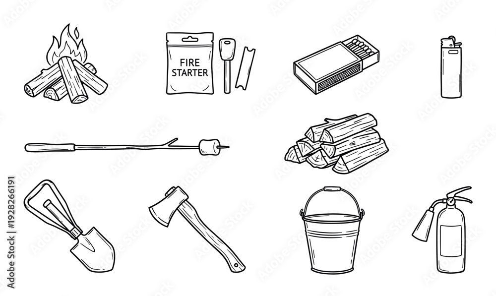 Obraz premium Collection of hand-drawn camping and fire-making equipment icons including a campfire, firewood, axe, and extinguisher in a simple black and white line art doodle style