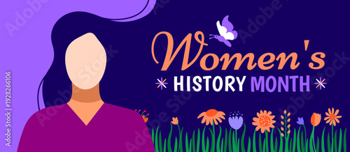 Women's History Month Greeting Graphic. Minimalist Female Silhouette with Long Purple Hair and Blooming Spring Floral Garden on a Dark Navy Blue Background for March Empowerment and Celebration