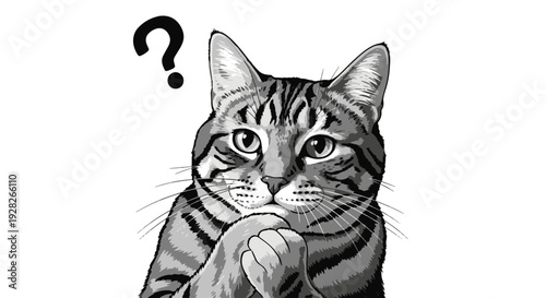 Curious Tabby Cat with Paws Clasped Thoughtfully Under Its Chin Looking Upwards with a Question Mark Symbol Nearby