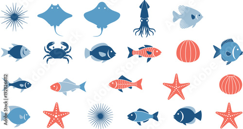 Colorful sea life icon set featuring fish starfish crab squid and stingray silhouettes isolated on white background for nautical marine and underwater aquatic design