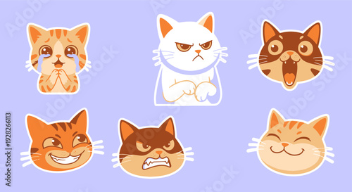 Six Expressive Cartoon Cat Faces Conveying Various Emotions Like Sadness Anger Surprise Mischief and Happiness Set Against a Pale Purple Backdrop