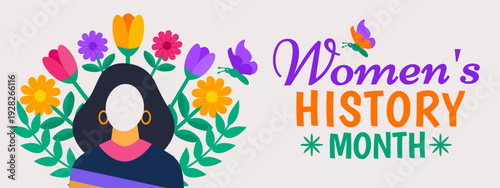 Women's History Month Greeting Graphic. Minimalist Female Silhouette with Gold Hoop Earrings and a Blooming Spring Flower Bouquet with Butterflies on Light Grey Background for March Celebration