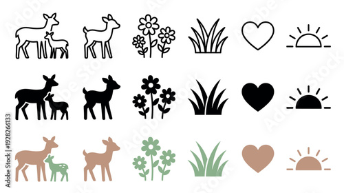 Versatile set of nature and wildlife icons showing a deer with fawn, flowers, grass, heart, and sun, presented in three graphic styles: outline, solid black silhouette, and color