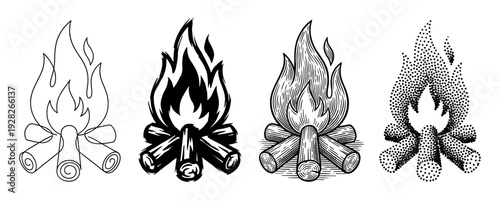 Set of four black campfire illustrations in different artistic styles including line art, silhouette, vintage engraving, and dotwork stippling for graphic design
