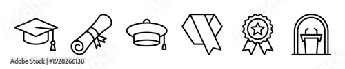 Set of black line art icons representing graduation, including a mortarboard, diploma, medal, and lectern for academic achievement and university commencement ceremonies