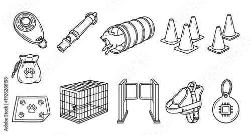 Collection of dog training equipment icons including a clicker, whistle, agility tunnel, cones, crate, and harness in a simple black and white hand-drawn line art illustration