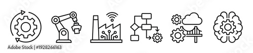 Set of black line icons representing Industry 4.0 concepts like automation, robotics, smart factory, workflow, cloud computing, and artificial intelligence in a minimalist style