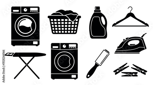 Set of black laundry and clothing care icons featuring a washing machine, basket, detergent, iron, and clothespins presented in a simple, clean glyph style for household concepts