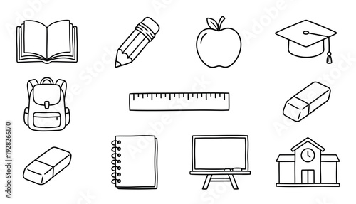 Collection of hand-drawn school supply icons including a book, pencil, apple, and backpack in a simple black and white line art doodle style for educational themes