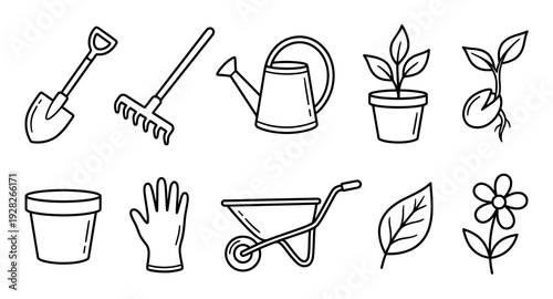 Set of gardening tools and plant icons in a simple black and white line art style, including a shovel, rake, watering can, sprout, and flower for spring horticulture