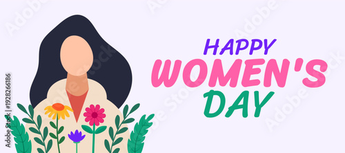 Happy Women's Day Illustration. Minimalist Female Silhouette with Long Dark Hair and Blooming Spring Flowers Graphic on Light Grey Background for March 8th Celebration and Global Empowerment