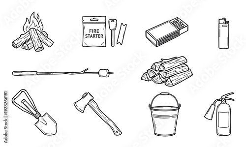 Collection of hand-drawn camping and fire-making equipment icons including a campfire, firewood, axe, and extinguisher in a simple black and white line art doodle style