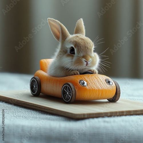 Bunny sits in an orange toy car, ready for an adventure in a warm, inviting space