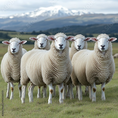 Fluffy white sheep gathered in a lush green pasture with snow-capped peaks beyond