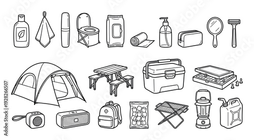 Collection of black and white line art icons for camping and outdoor adventures, featuring essential gear like a tent, picnic table, cooler, backpack, and toiletries
