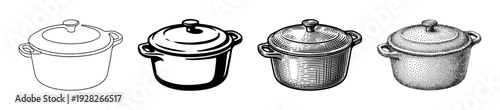 Set of four cooking pot illustrations showcasing different graphic art techniques including simple line art, a solid silhouette, vintage engraving, and detailed stippling