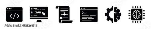 Set of black glyph icons for software development, programming, and artificial intelligence, featuring symbols for coding, algorithms, and machine learning in a flat design